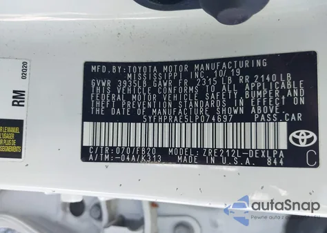 2020 Toyota Corolla Le from USA, damaged, VIN 5YFHPRAE5LP074697